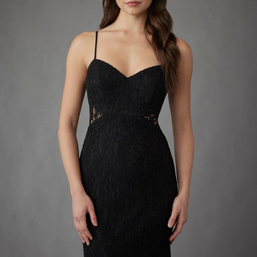 Hayley Paige Occasions Black Lace Spaghetti-Strap Prom Dress